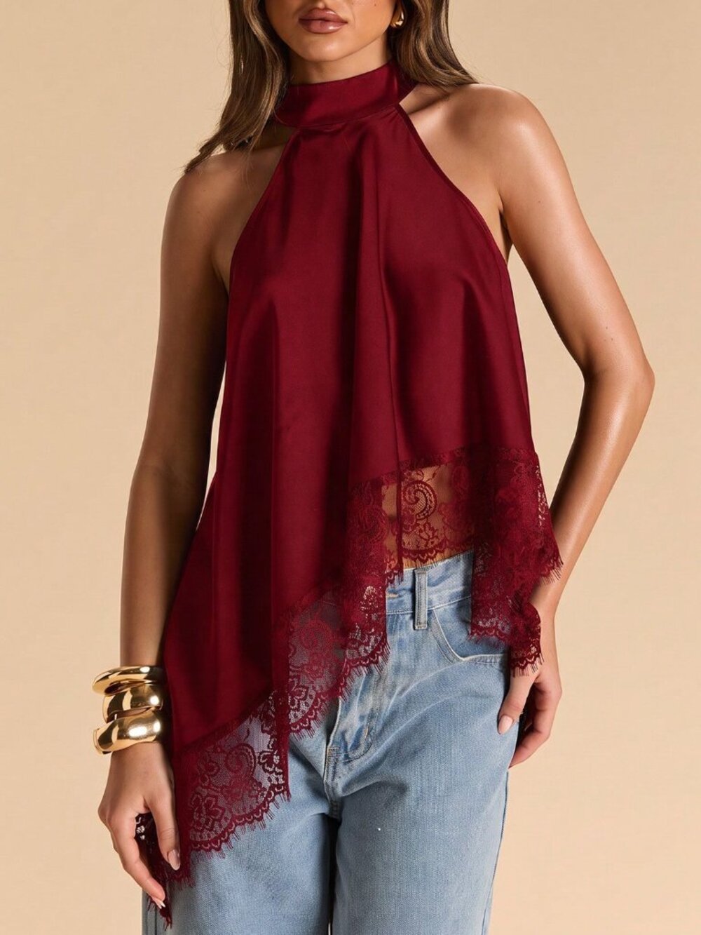 Burgundy Elegant Women's Halter Neck Backless Lace Trim Tank Top